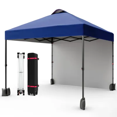 A blue pop-up canopy tent with a carrying case and frame is shown, featuring side walls and weighted leg bags.