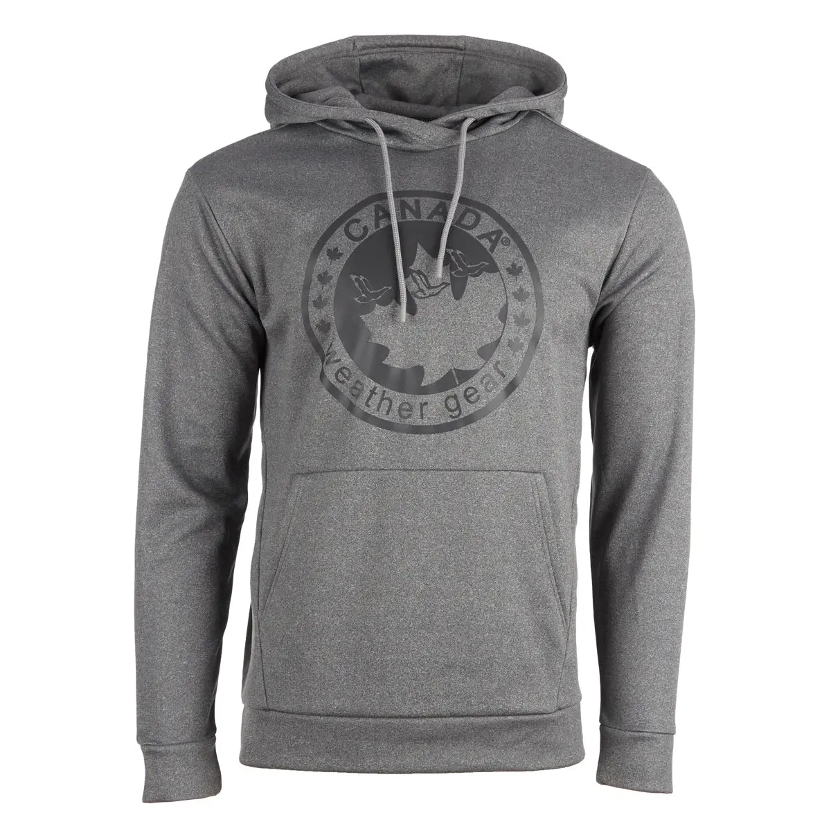 A gray hooded sweatshirt featuring the Canada Weather Gear logo with geese and a maple leaf design on the front.