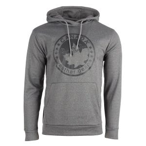 A gray hooded sweatshirt featuring the Canada Weather Gear logo with geese and a maple leaf design on the front.