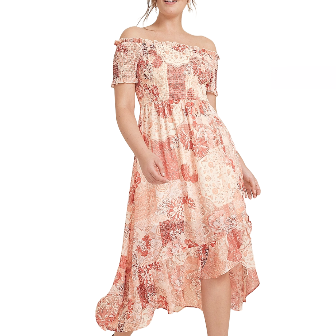 Off-the-shoulder dress featuring a floral patchwork design in shades of pink and peach, with a ruffled hem and shirred bodice.