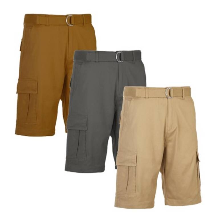 Three cargo shorts in brown, gray, and beige, each featuring a belt with a metal buckle and multiple pockets.