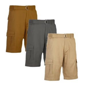 Three cargo shorts in brown, gray, and beige, each featuring a belt with a metal buckle and multiple pockets.