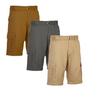 Three cargo shorts in brown, gray, and beige, each featuring a belt with a metal buckle and multiple pockets.