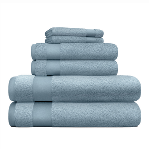 6pc Luxury Hotel-Like Bath Towel Set in light blue, neatly stacked, featuring two bath towels, two hand towels, and two washcloths.