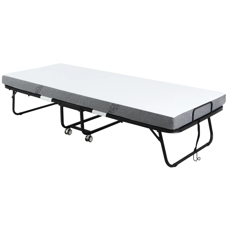 A portable foldable guest bed with a metal frame on caster wheels and a foam mattress with a gray cover.