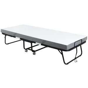 A portable foldable guest bed with a metal frame on caster wheels and a foam mattress with a gray cover.