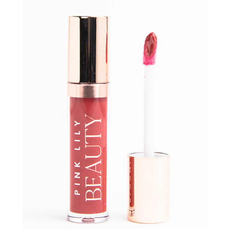 Pink Lily Beauty liquid lipstick with a rose gold cap and wand applicator.