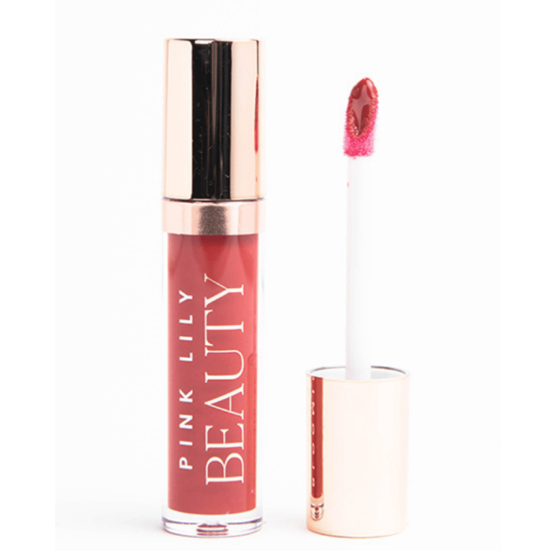 Pink Lily Beauty liquid lipstick with a rose gold cap and wand applicator.
