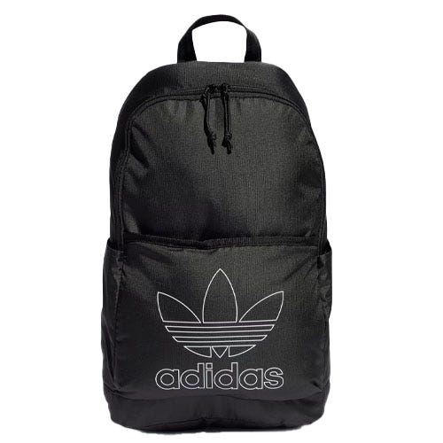 A black Adidas backpack featuring the iconic Trefoil logo in white on the front, with a main zippered compartment, front zippered pocket, and dual side pockets.