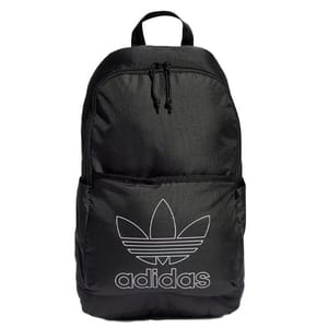 A black Adidas backpack featuring the iconic Trefoil logo in white on the front, with a main zippered compartment, front zippered pocket, and dual side pockets.