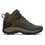 Merrell waterproof hiking boot in brown and olive green with rugged tread, lace-up design, and ankle support.