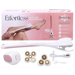 PosheEra Effortless Electric Shaving Kit includes a cordless rechargeable shaver with a detachable extension handle, a 5-foil shave head, and accessories. Features irritation-free, mess-free rotary shaving technology.