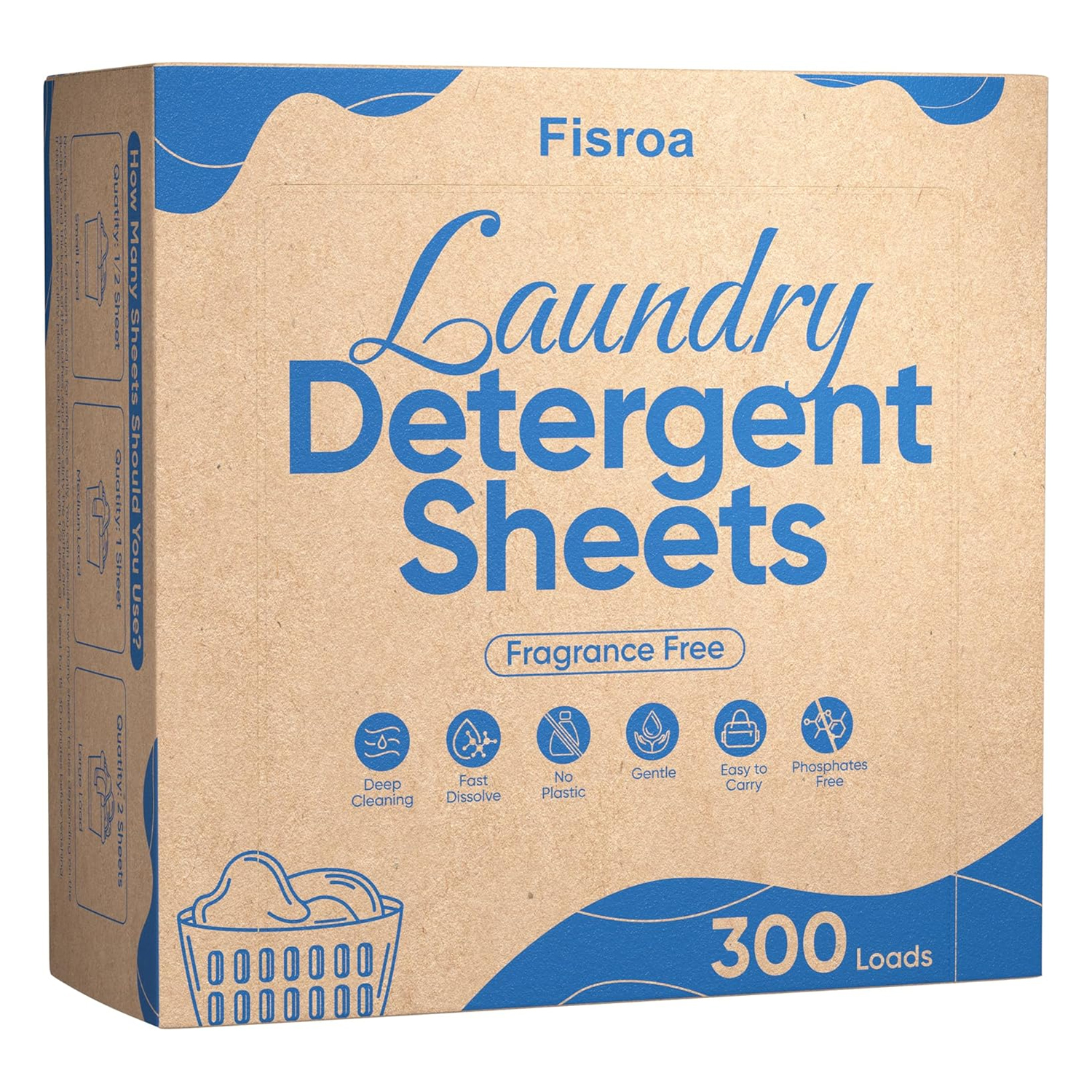Fisroa Laundry Detergent Sheets, fragrance-free, offer 300 loads, with features like deep cleaning, fast dissolve, no plastic, gentle formulation, easy to carry, and phosphate-free.