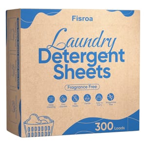 Fisroa Laundry Detergent Sheets, fragrance-free, offer 300 loads, with features like deep cleaning, fast dissolve, no plastic, gentle formulation, easy to carry, and phosphate-free.