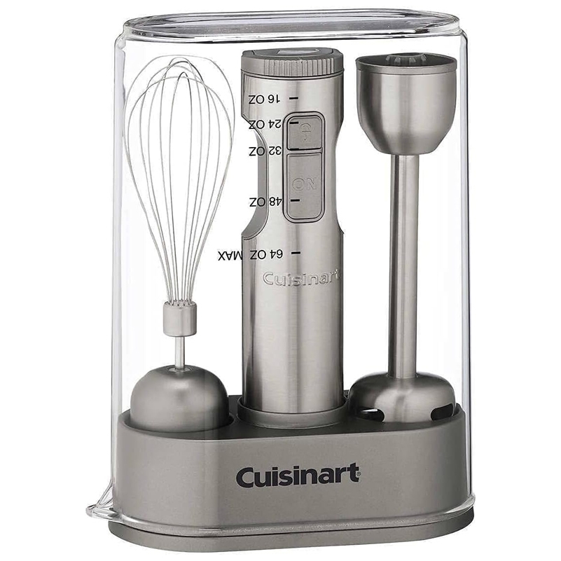 Refurbished Cuisinart Hand Blender set includes a stainless steel immersion blender, whisk attachment, and measuring markings on the handle, all housed in a compact stand with a clear cover for storage.