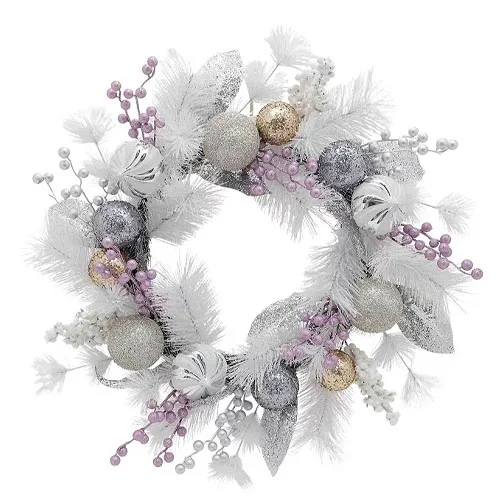 A decorative wreath featuring white feathers, silver and gold glittery ornaments, and clusters of purple and white berries.