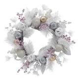 A decorative wreath featuring white feathers, silver and gold glittery ornaments, and clusters of purple and white berries.
