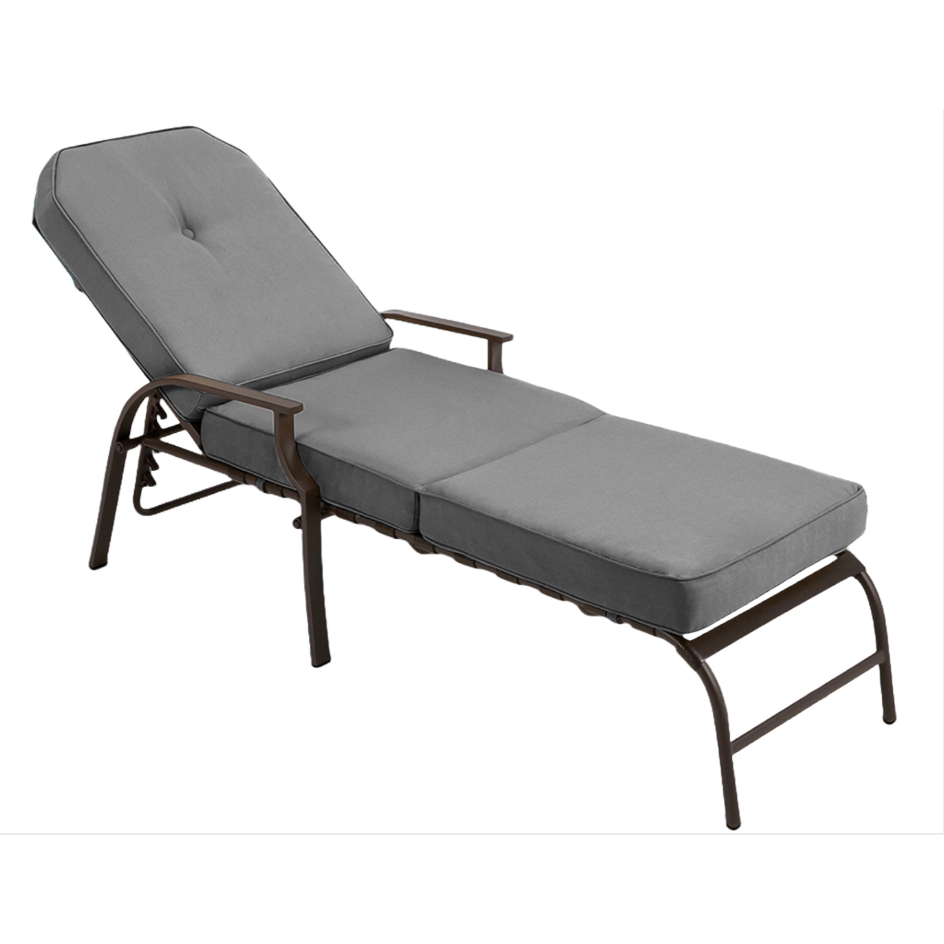 A gray cushioned outdoor chaise lounge with an adjustable backrest and brown metal frame, featuring armrests for added comfort.