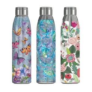 A set of three stainless steel water bottles, each with unique designs: one with butterflies and flowers on a light blue background, another with detailed dragonflies on a blue-green background, and a third featuring a colorful floral pattern.