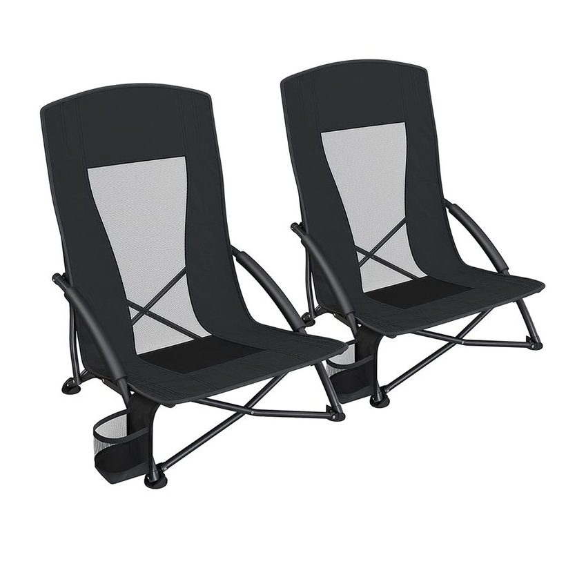 Two portable beach chairs with black frames and mesh fabric panels, featuring cup holders on the sides for convenience.