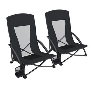 Two portable beach chairs with black frames and mesh fabric panels, featuring cup holders on the sides for convenience.