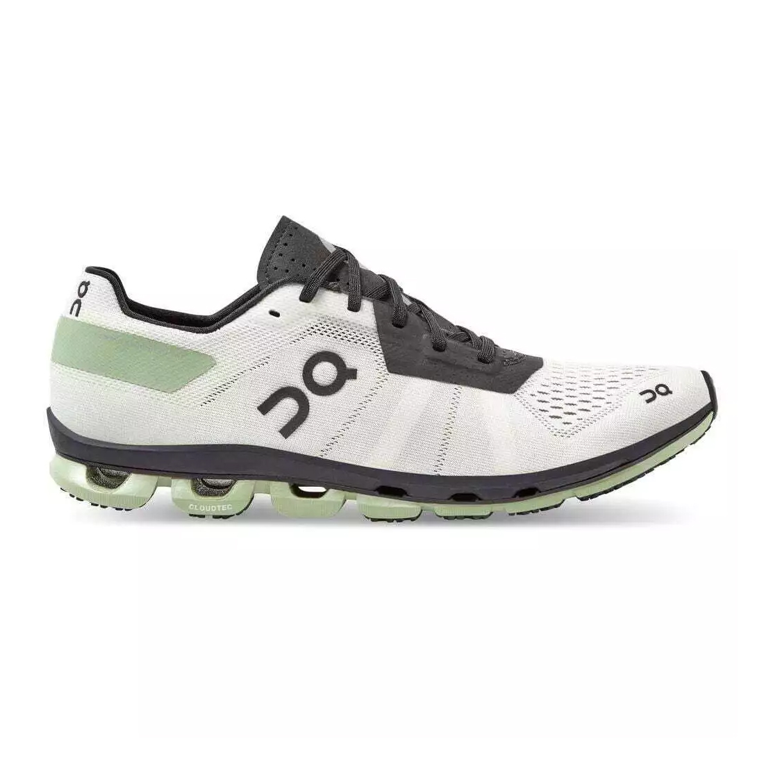 On Running Cloudflash 2 Shoes feature a sleek design with a white and black color scheme, highlighted by a green accent at the heel. They showcase the brand's signature CloudTec cushioning technology for enhanced performance.