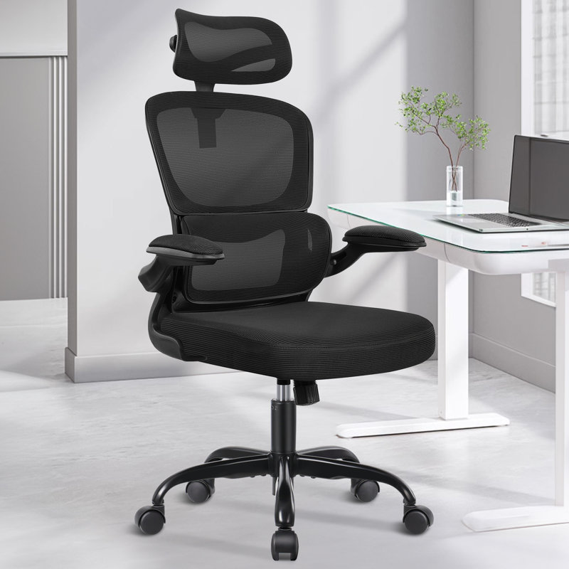Black ergonomic office chair with a tall mesh backrest, adjustable headrest, and armrests. It features a cushioned seat, 5-wheel base, and adjustable height for comfort and support.