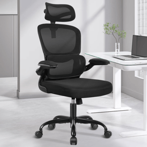 Black ergonomic office chair with a tall mesh backrest, adjustable headrest, and armrests. It features a cushioned seat, 5-wheel base, and adjustable height for comfort and support.