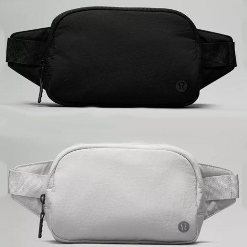 Two waist packs, one in black and the other in white, both with the brand's logo on the lower right corner.