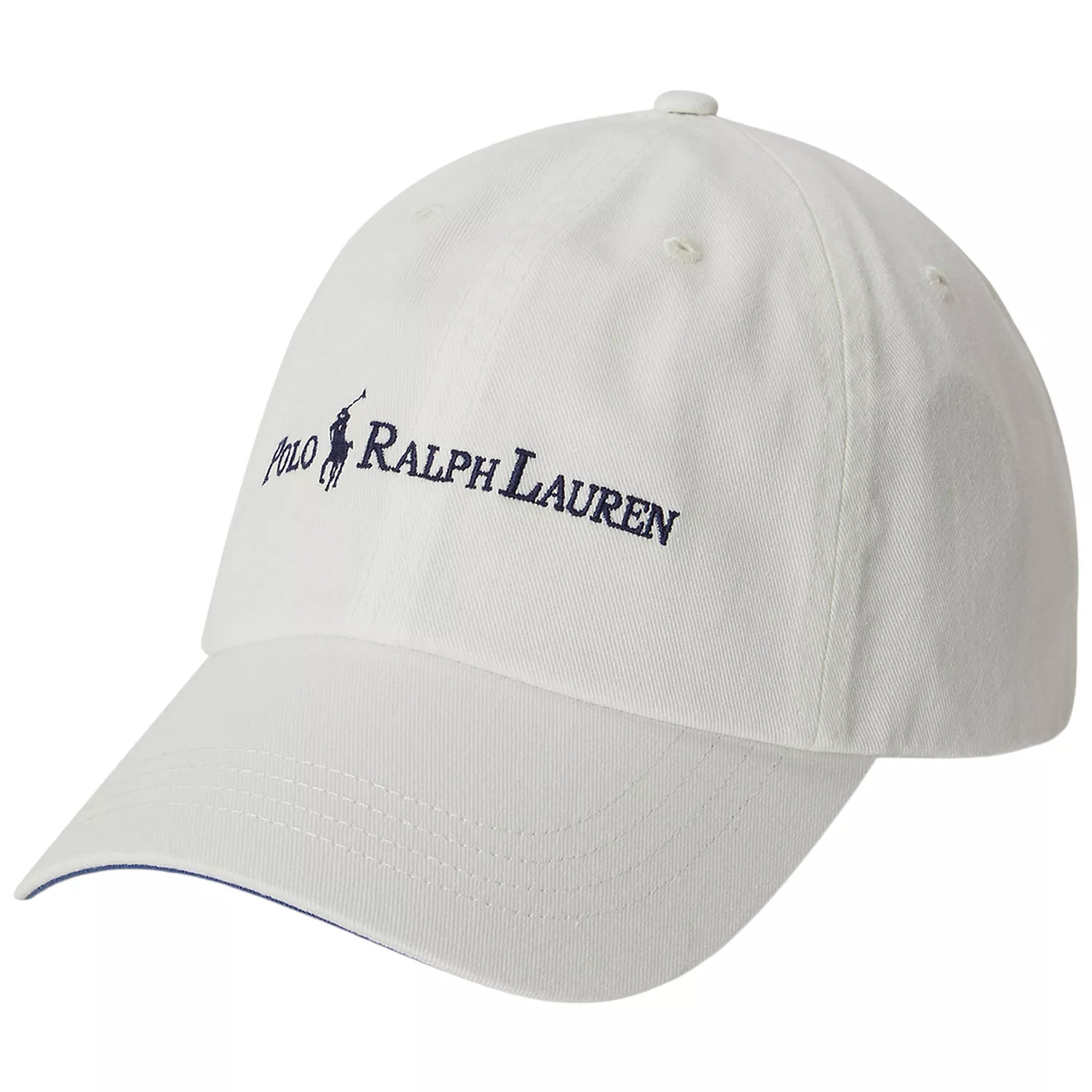 A white baseball cap featuring the Polo Ralph Lauren logo embroidered in navy blue.