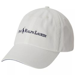 A white baseball cap featuring the Polo Ralph Lauren logo embroidered in navy blue.