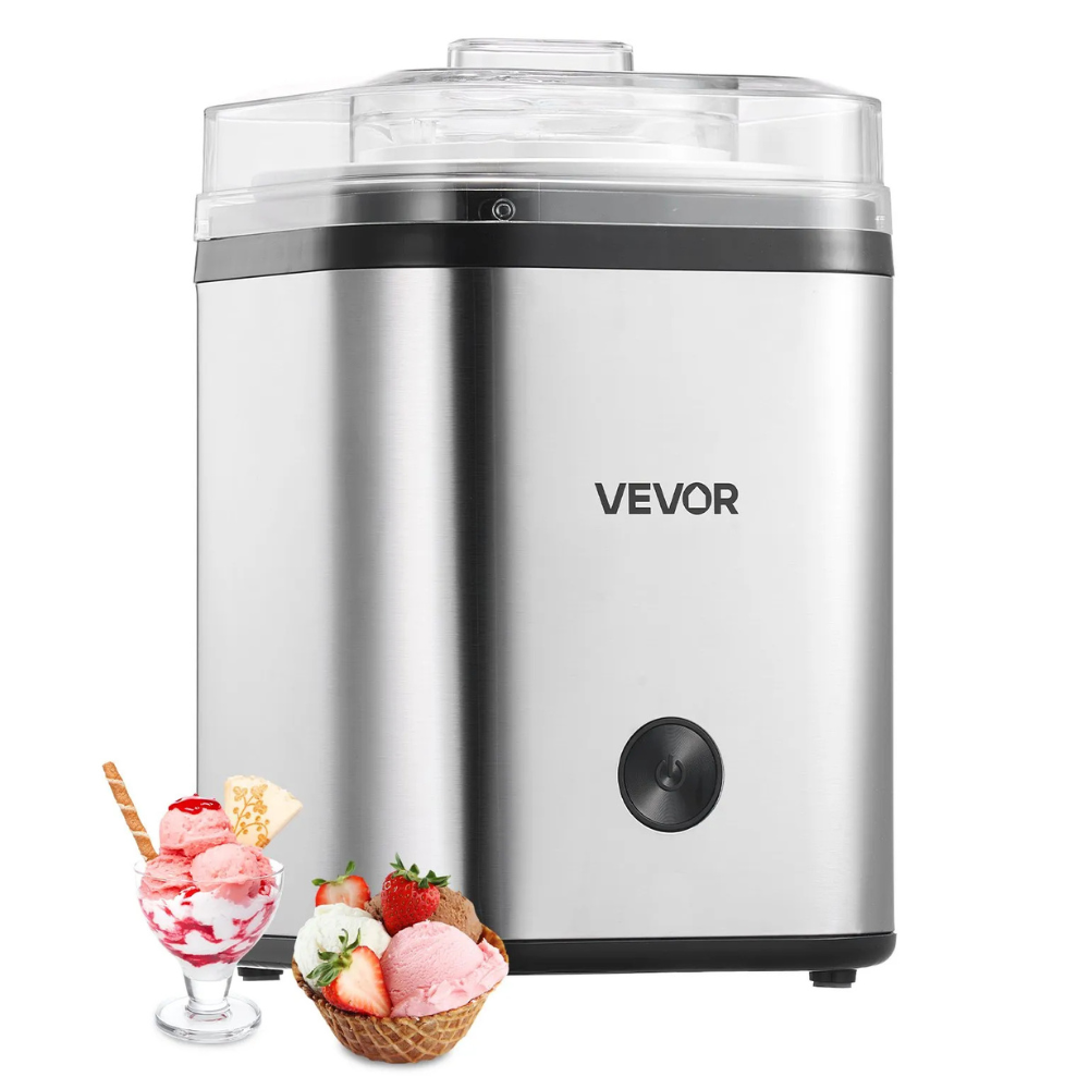 VEVOR ice cream maker in stainless steel, shown with bowls of strawberry ice cream and fresh strawberries.