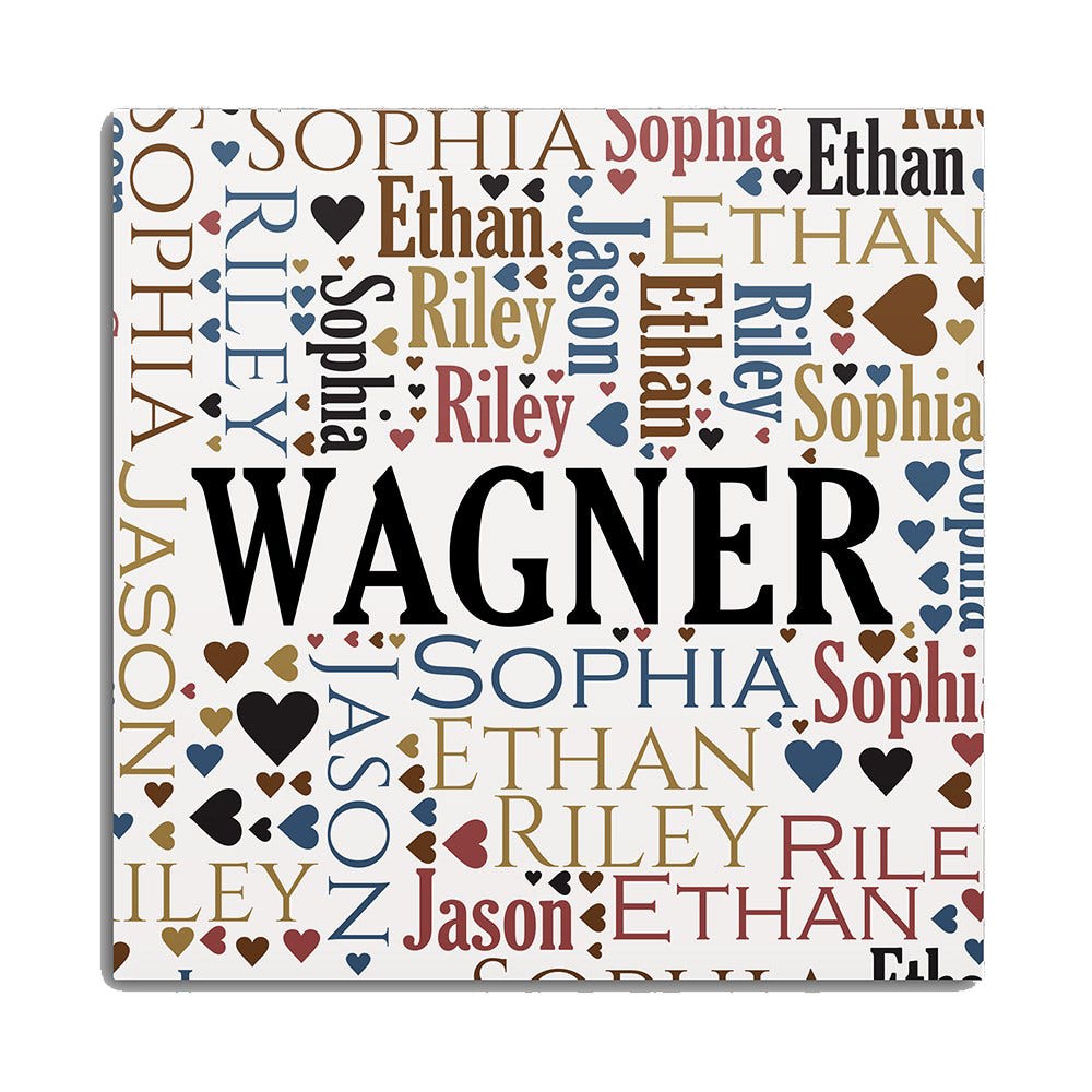 A personalized family canvas featuring the name \“Wagner\“ prominently in black, surrounded by the names Sophia, Ethan, Jason, and Riley in various colors and fonts, along with heart symbols scattered around.