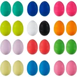 A collection of colorful, egg-shaped Play-Doh containers in various shades including turquoise, blue, pink, yellow, white, black, orange, lavender, red, and green, arranged in rows.