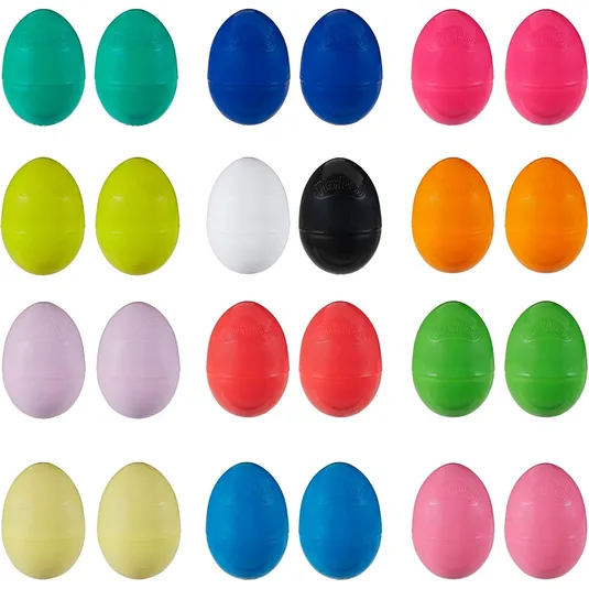 A collection of colorful, egg-shaped Play-Doh containers in various shades including turquoise, blue, pink, yellow, white, black, orange, lavender, red, and green, arranged in rows.