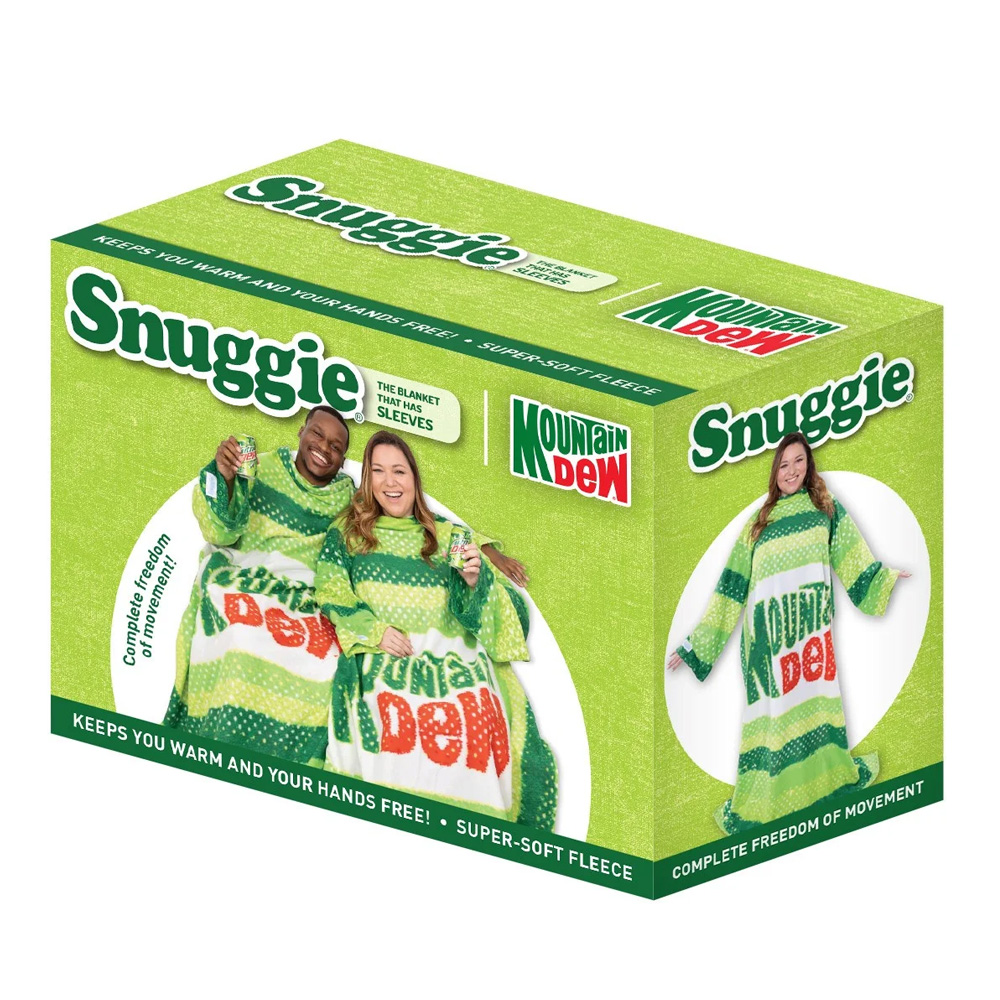 A green and white Snuggie with the Mountain Dew logo, featuring wide sleeves and super-soft fleece material.