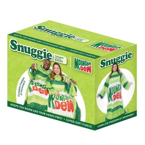 A green and white Snuggie with the Mountain Dew logo, featuring wide sleeves and super-soft fleece material.