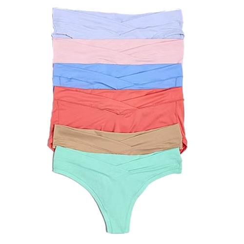 A stack of Arizona Hipster Panties in six colors: light blue, pink, blue, coral, beige, and mint green. Each has a seamless design with a low-rise waist and moderate coverage.