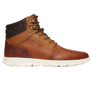 Timberland Men's Graydon Boots feature a brown leather upper with contrasting stitching, a cushioned collar in dark fabric, a lace-up design with metallic eyelets, and a white rubber sole for comfort and durability.