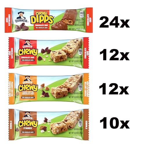 Quaker Chewy Dipps Chocolate Chip (24x), Quaker Chewy Chocolate Chip (12x), Quaker Chewy Peanut Butter Chocolate Chip (12x), and Quaker Chewy S'mores (10x) granola bars.