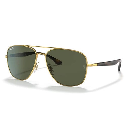 Gold-framed aviator sunglasses with dark green lenses featuring a double bridge and thin metal arms with dark tips.