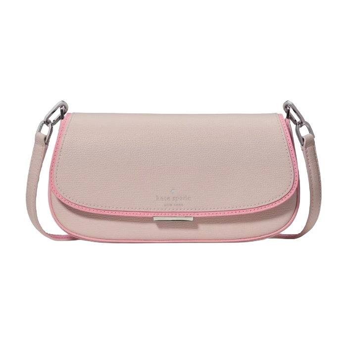 A light pink Kate Spade shoulder bag with a darker pink trim and a silver metal buckle. The bag features a pebbled leather texture and has a removable strap with silver-tone hardware.