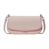 A light pink Kate Spade shoulder bag with a darker pink trim and a silver metal buckle. The bag features a pebbled leather texture and has a removable strap with silver-tone hardware.