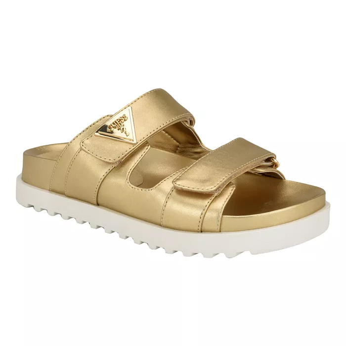 A gold slide sandal with two adjustable straps and a white textured sole.