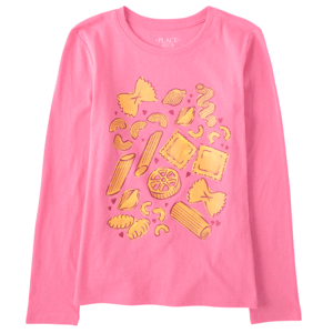 Pink long-sleeve shirt with various types of pasta illustrations, including bow ties, penne, and ravioli, printed in yellow on the front.