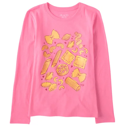 Pink long-sleeve shirt with various types of pasta illustrations, including bow ties, penne, and ravioli, printed in yellow on the front.
