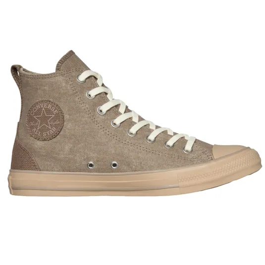 A brown high-top Converse All Star sneaker with white laces and a beige sole.