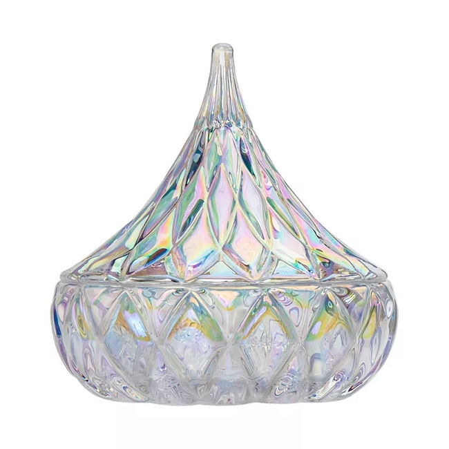 Iridescent glass container with a diamond pattern and a pointed lid, designed for storing small items or decorative purposes.