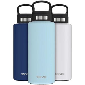 Three insulated tumblers in blue, light blue, and white, each with a black handle and a silver Tervis logo.