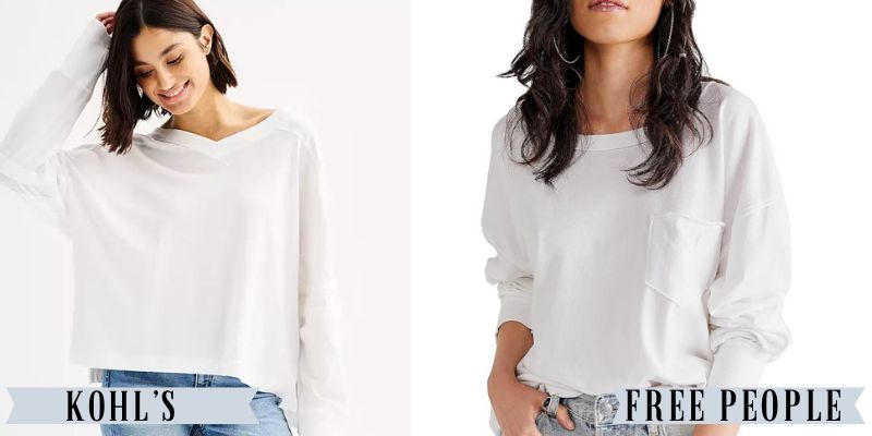 A white oversized long sleeve shirt from Kohl's besides a similar white long sleeve shirt from Free People.